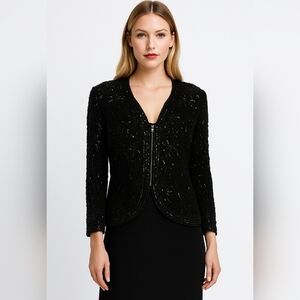 Vintage Silk Beaded Formal Evening Jacket Black W/ Zipper Large DELLA ROUFOGALI